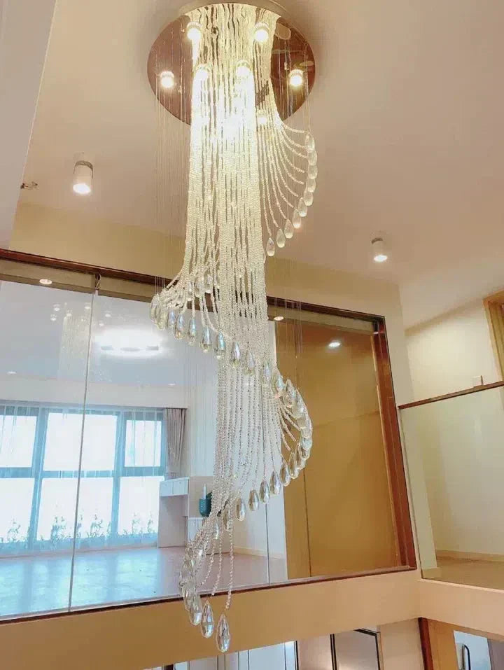 Flush Mounted Spiral Crystal Drops Chandelier Round LED Ceiling Lighting for Foyer Staircase / Hotel Entrance
