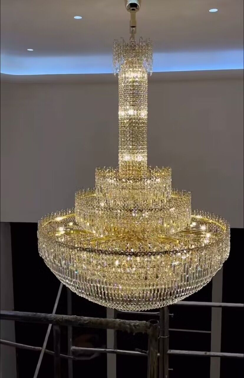 Luxury Oversized Gold Finish Round Crystal Pagoda-Inspired Chandelier for Foyer Staircase Hallway Entryway