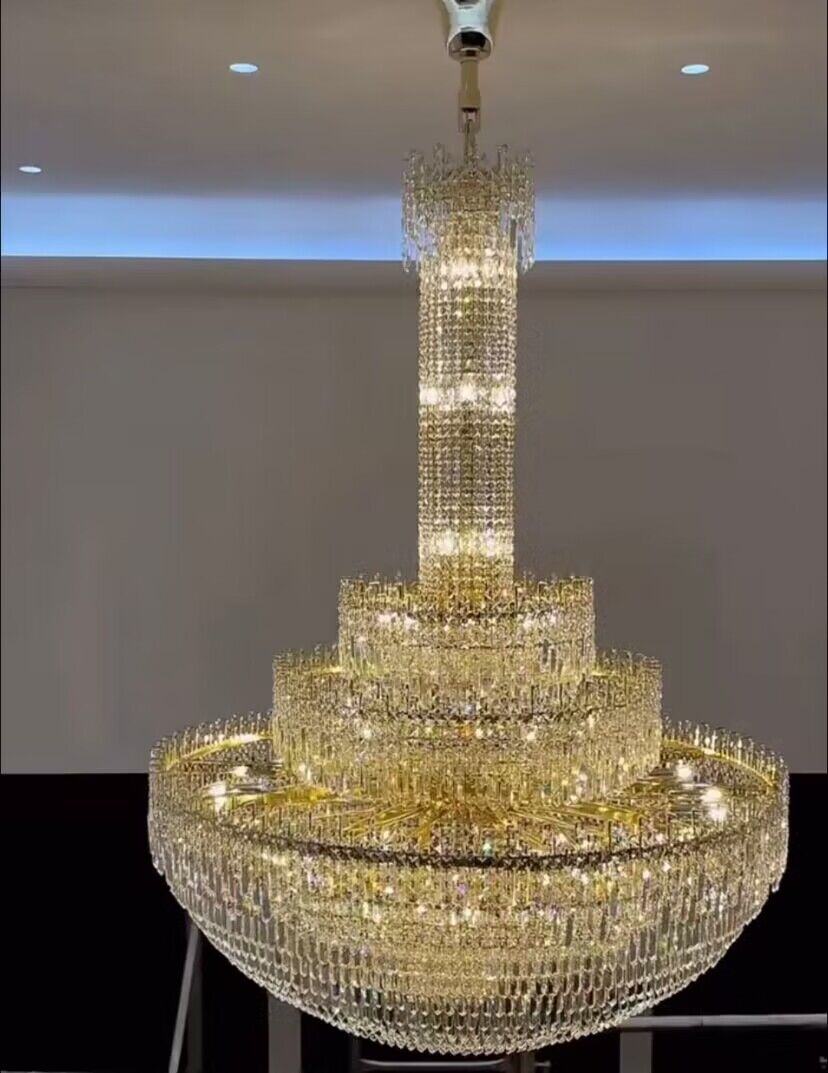 Luxury Oversized Gold Finish Round Crystal Pagoda-Inspired Chandelier for Foyer Staircase Hallway Entryway