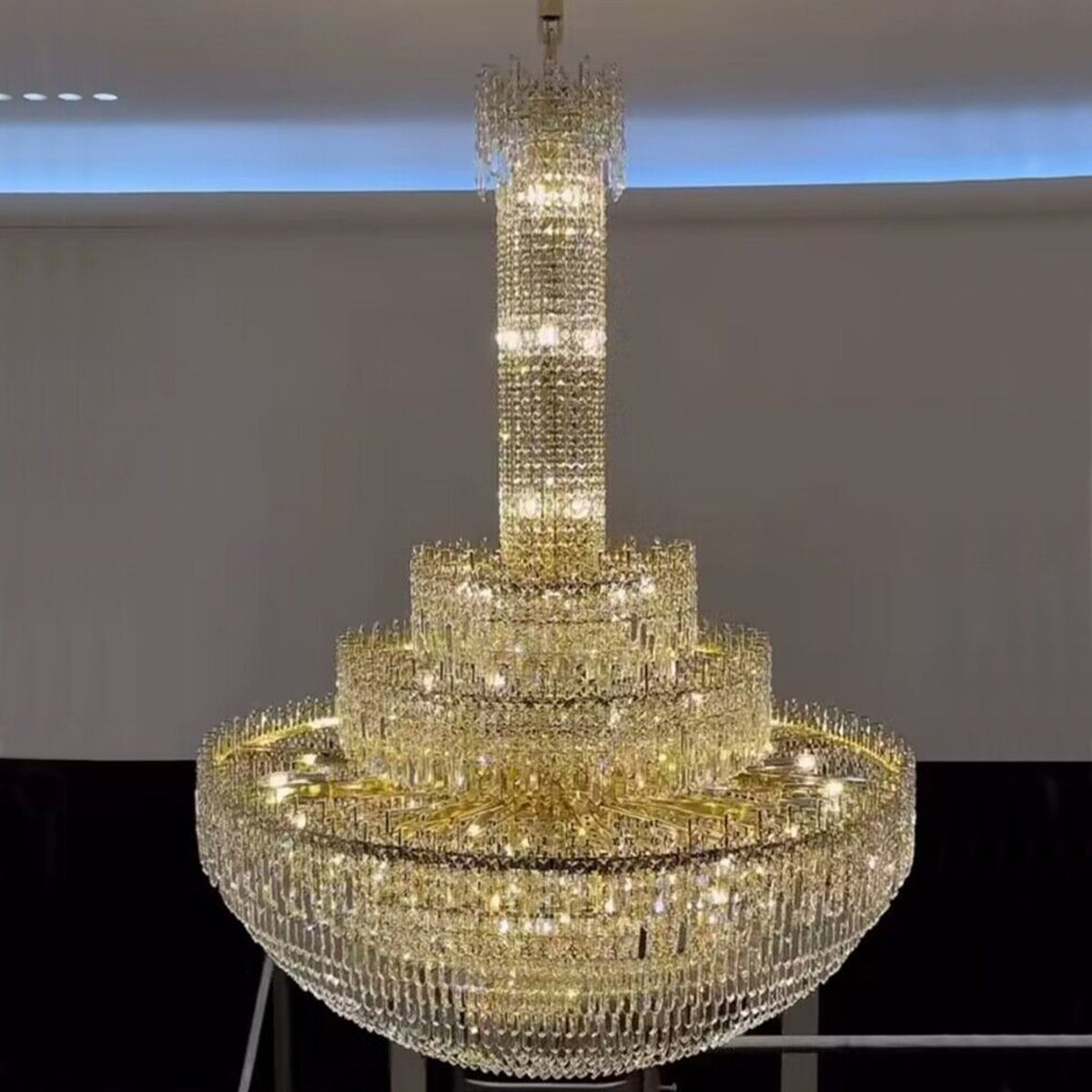 Luxury Oversized Gold Finish Round Crystal Pagoda-Inspired Chandelier for Foyer Staircase Hallway Entryway