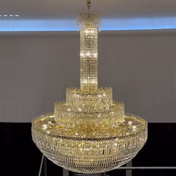 Luxury Oversized Gold Finish Round Crystal Pagoda-Inspired Chandelier for Foyer Staircase Hallway Entryway