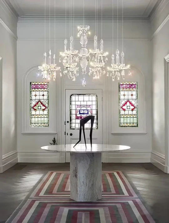 French Romantic Crystal and Glass Candle Chandelier Pendant Light with Metal Finish for Living Room Dining