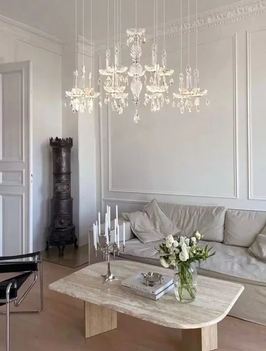 French Romantic Crystal and Glass Candle Chandelier Pendant Light with Metal Finish for Living Room Dining