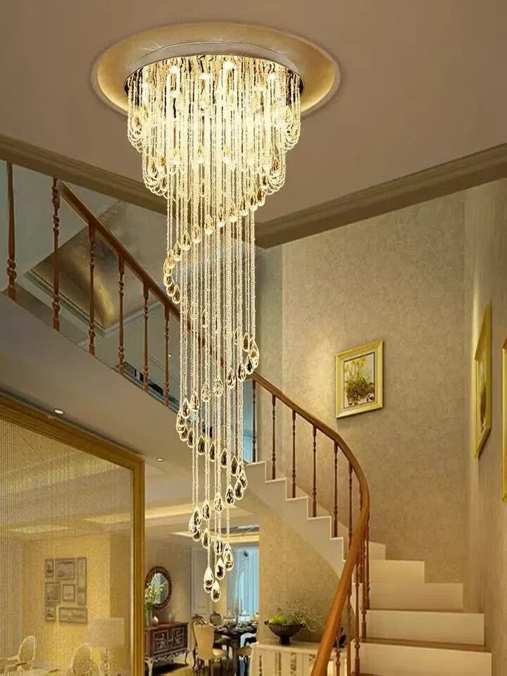 Oversized Modern Cascade Spiral Crystal Staircase Chandelier for Duplex Building