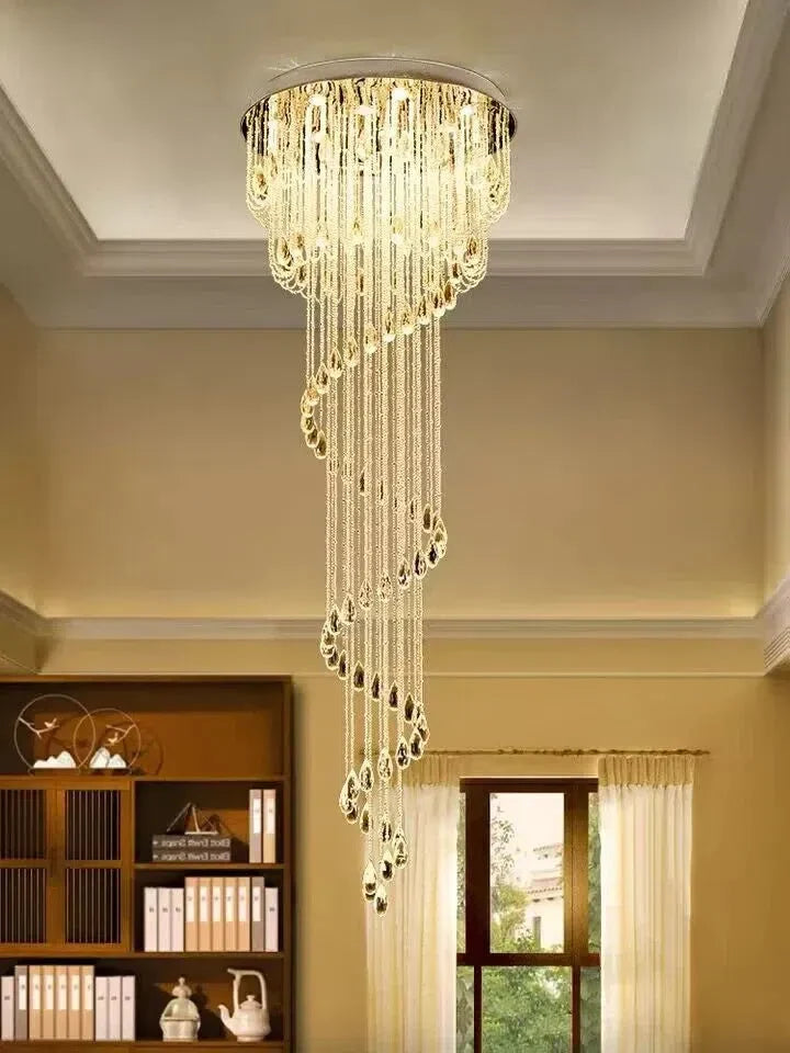 Oversized Modern Cascade Spiral Crystal Staircase Chandelier for Duplex Building