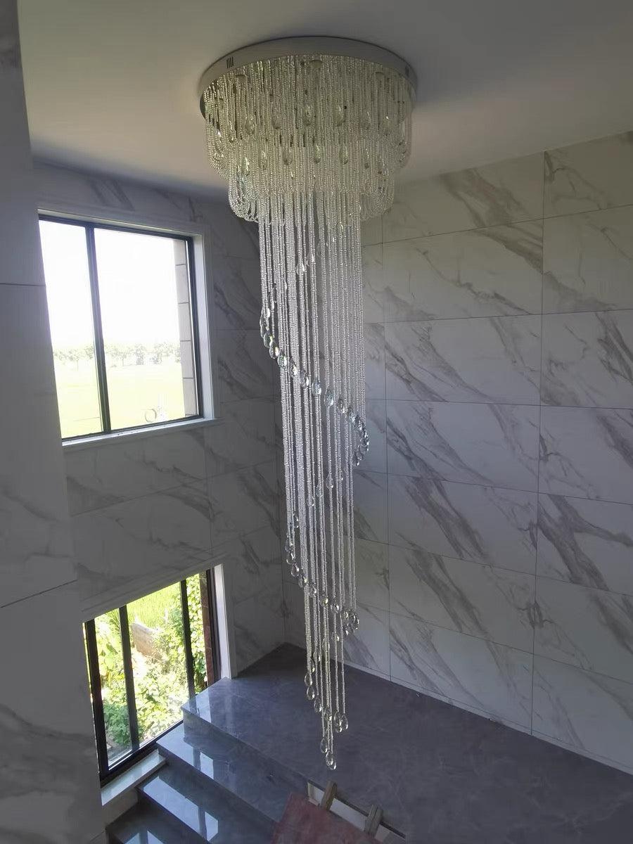 Oversized Modern Cascade Spiral Crystal Staircase Chandelier for Duplex Building
