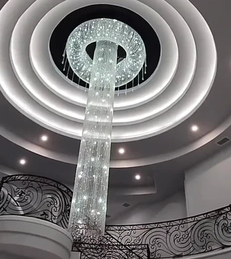 Extra Large Round Silver Flush Mount Luxury K9 Crystal Waterfall Chandelier for High-Ceiling Living Room