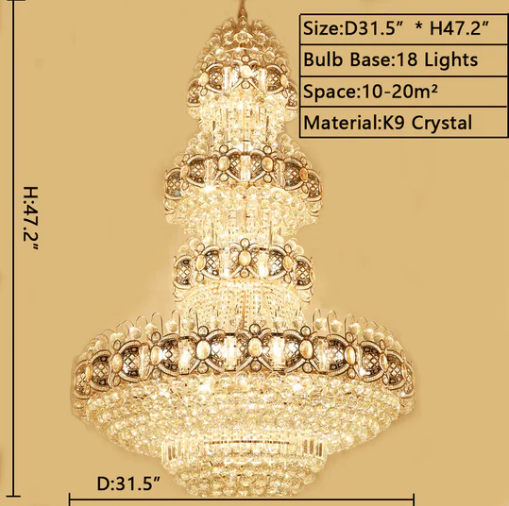 Oversized Luxury Multi-Layers Gold Crystal Chandelier for High-Ceiling Living Room / foyer