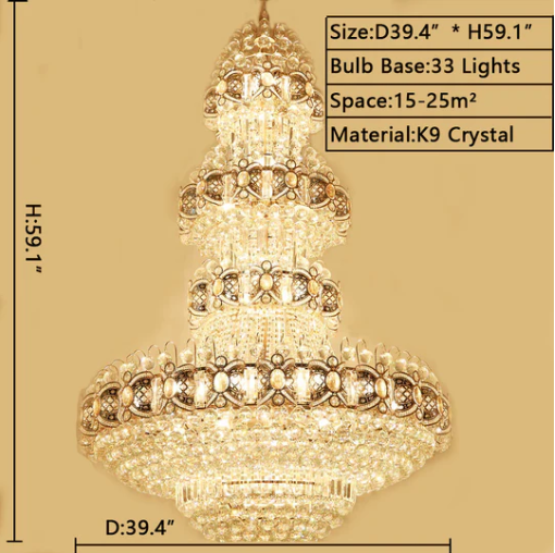 Oversized Luxury Multi-Layers Gold Crystal Chandelier for High-Ceiling Living Room / foyer