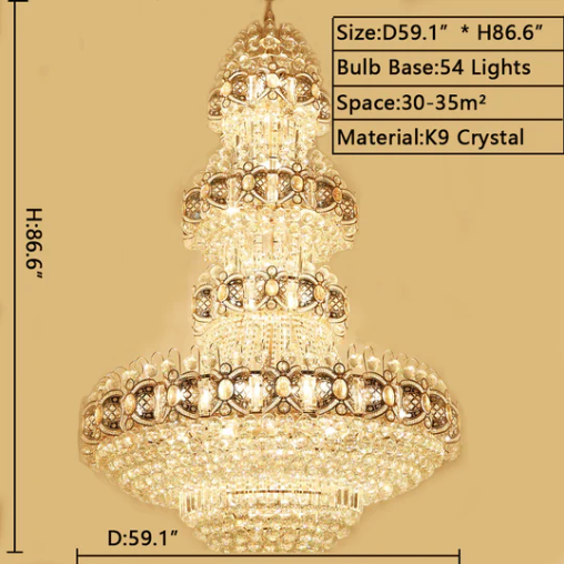 Oversized Luxury Multi-Layers Gold Crystal Chandelier for High-Ceiling Living Room / foyer