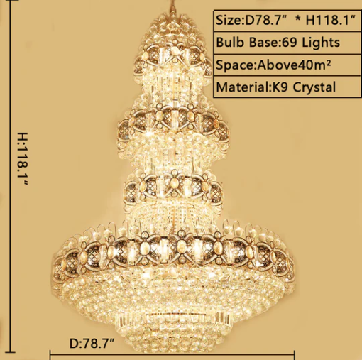 Oversized Luxury Multi-Layers Gold Crystal Chandelier for High-Ceiling Living Room / foyer