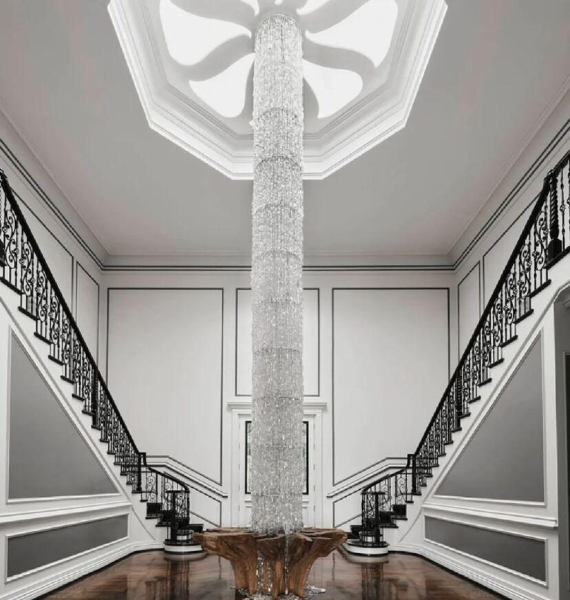 Oversized Silver Crystal Long Ceiling Chandelier Art Designer Column Waterfall Decorative