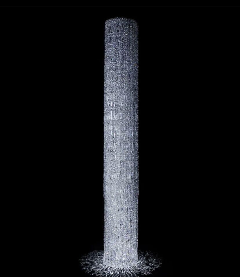 Oversized Silver Crystal Long Ceiling Chandelier Art Designer Column Waterfall Decorative