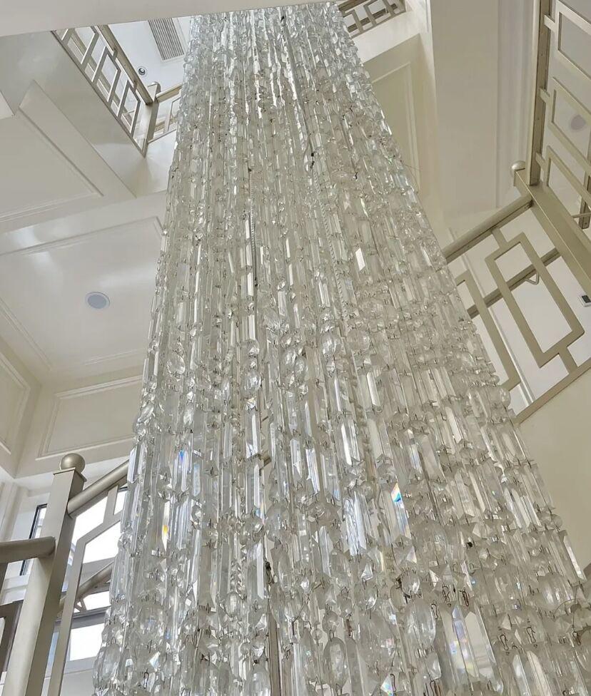 Oversized Silver Crystal Long Ceiling Chandelier Art Designer Column Waterfall Decorative