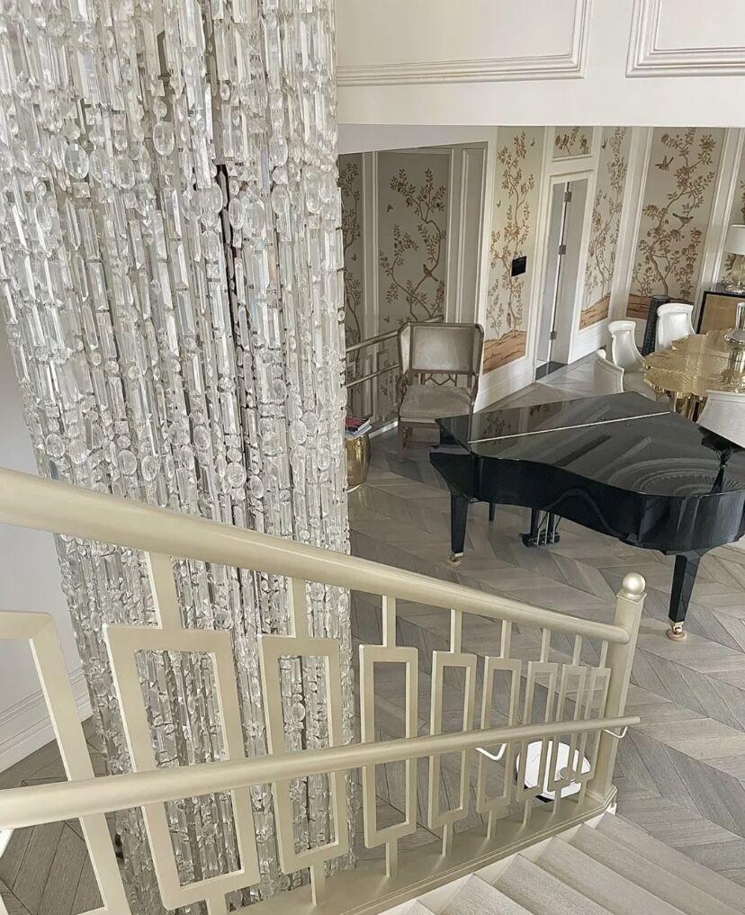 Oversized Silver Crystal Long Ceiling Chandelier Art Designer Column Waterfall Decorative