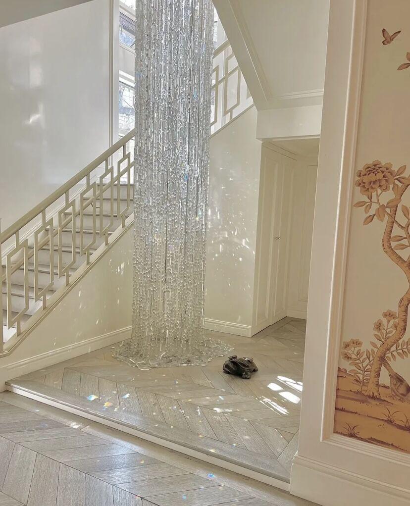 Oversized Silver Crystal Long Ceiling Chandelier Art Designer Column Waterfall Decorative