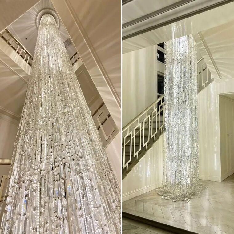 Oversized Silver Crystal Long Ceiling Chandelier Art Designer Column Waterfall Decorative