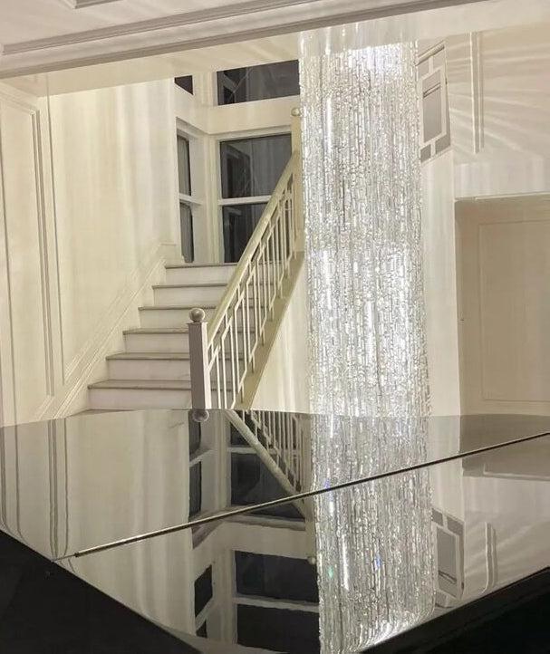 Oversized Silver Crystal Long Ceiling Chandelier Art Designer Column Waterfall Decorative