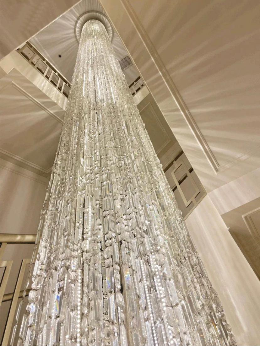 Oversized Silver Crystal Long Ceiling Chandelier Art Designer Column Waterfall Decorative