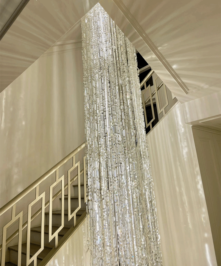 Oversized Silver Crystal Long Ceiling Chandelier Art Designer Column Waterfall Decorative