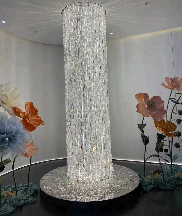 Oversized Silver Crystal Long Ceiling Chandelier Art Designer Column Waterfall Decorative
