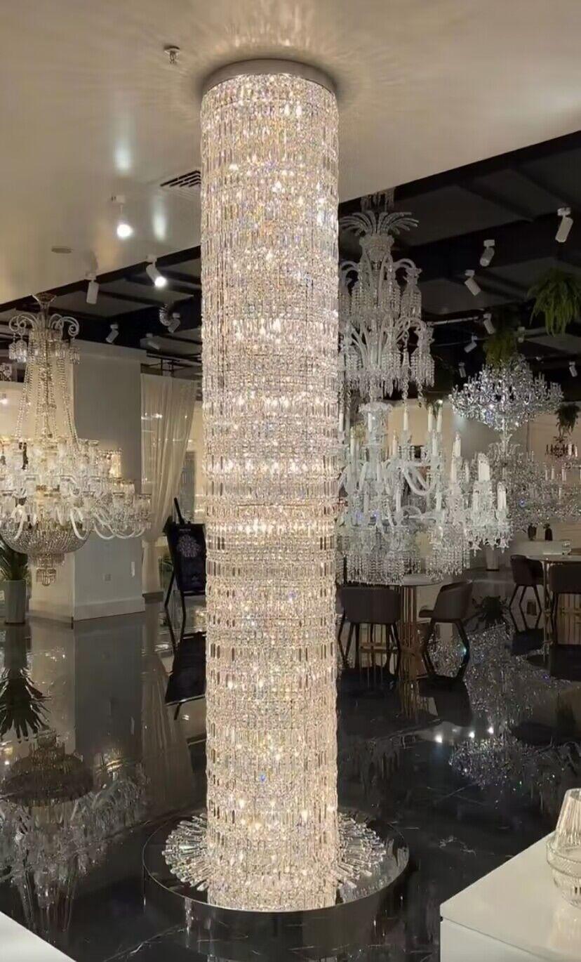 Oversized Silver Crystal Long Ceiling Chandelier Art Designer Column Waterfall Decorative