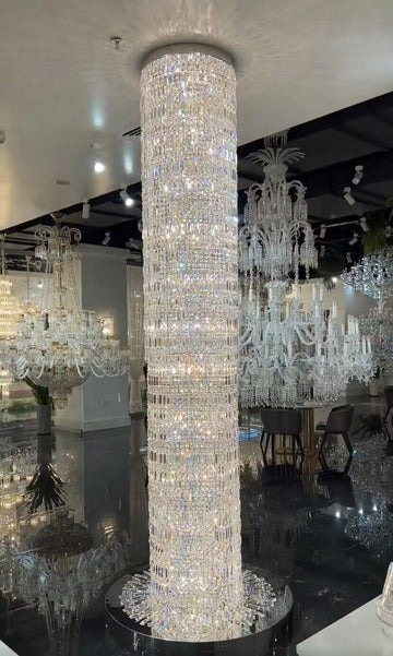 Oversized Silver Crystal Long Ceiling Chandelier Art Designer Column Waterfall Decorative
