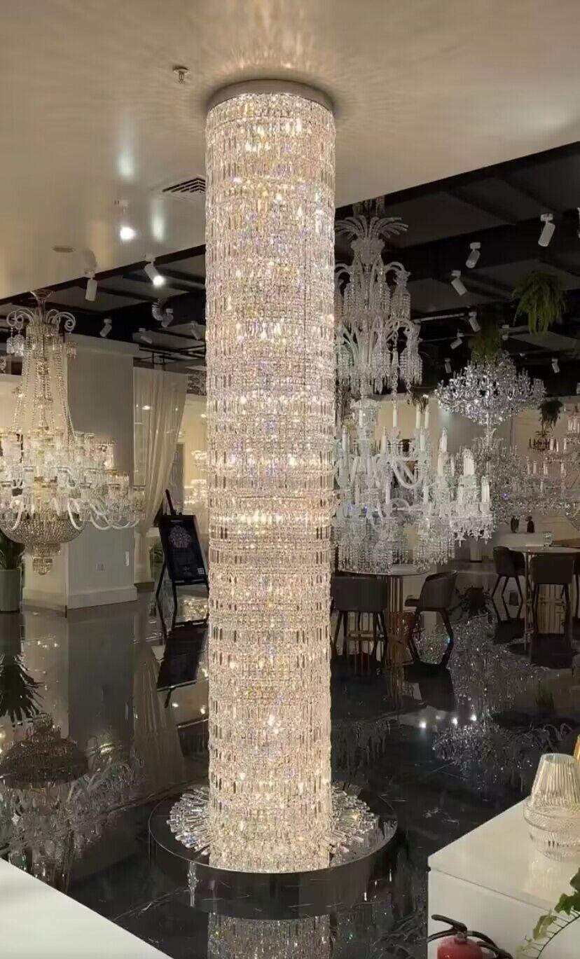 Oversized Silver Crystal Long Ceiling Chandelier Art Designer Column Waterfall Decorative
