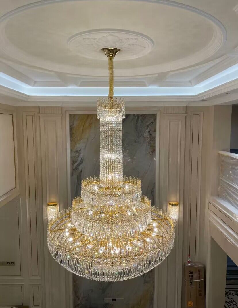 Luxury Oversized Gold Finish Round Crystal Pagoda-Inspired Chandelier for Foyer Staircase Hallway Entryway