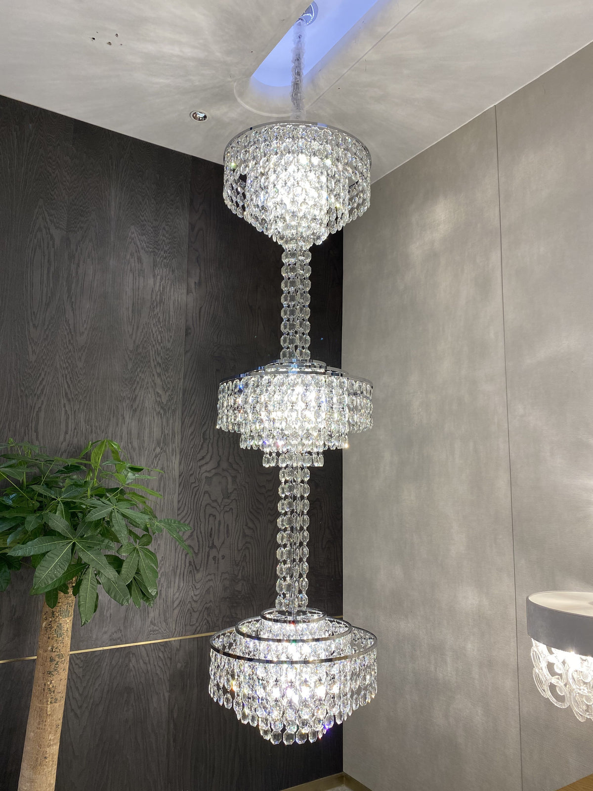 Modern French Elegant Oversized 3-Tiered Silver Seashells Long Crystal Chandelier for Staircase