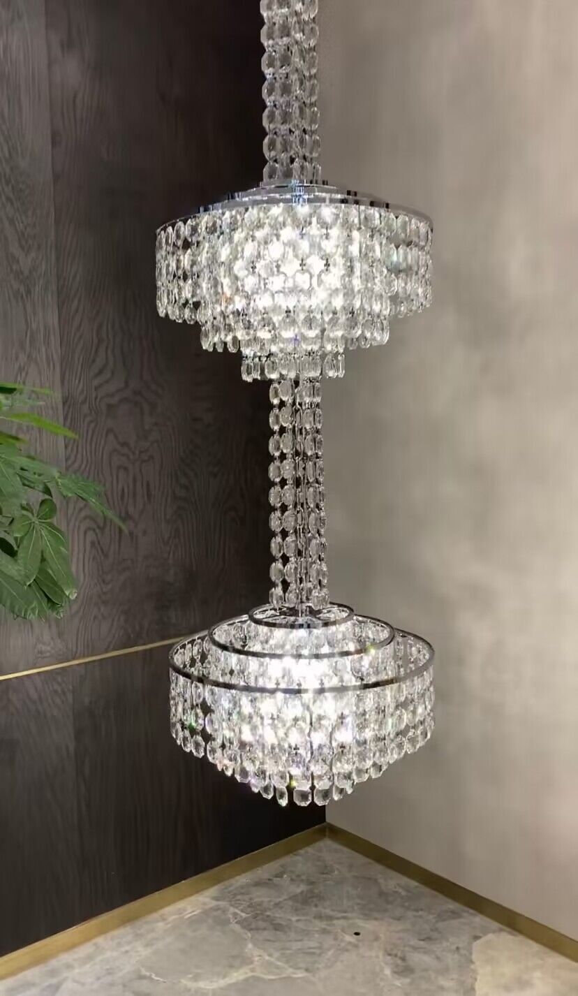 Modern French Elegant Oversized 3-Tiered Silver Seashells Long Crystal Chandelier for Staircase
