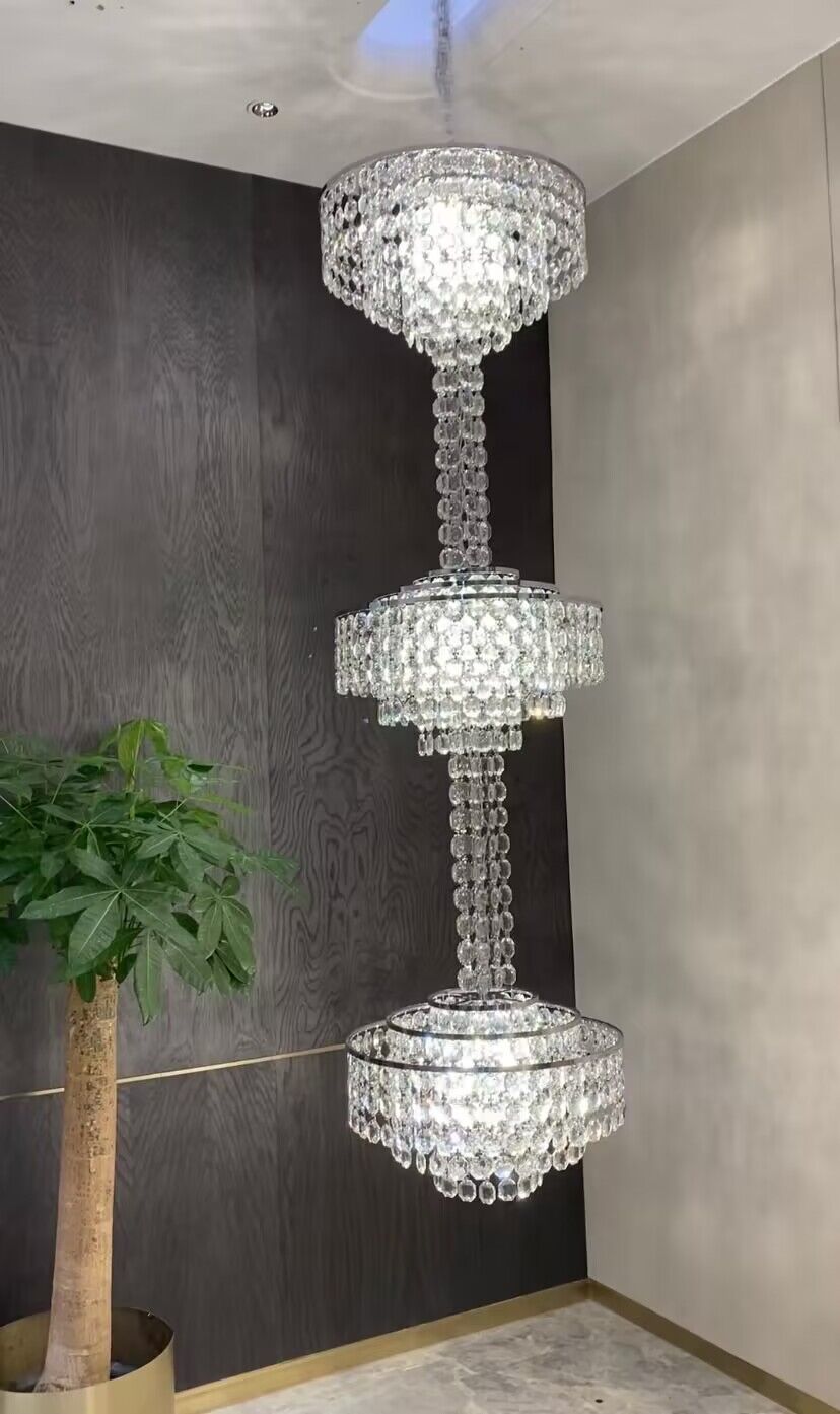 Modern French Elegant Oversized 3-Tiered Silver Seashells Long Crystal Chandelier for Staircase