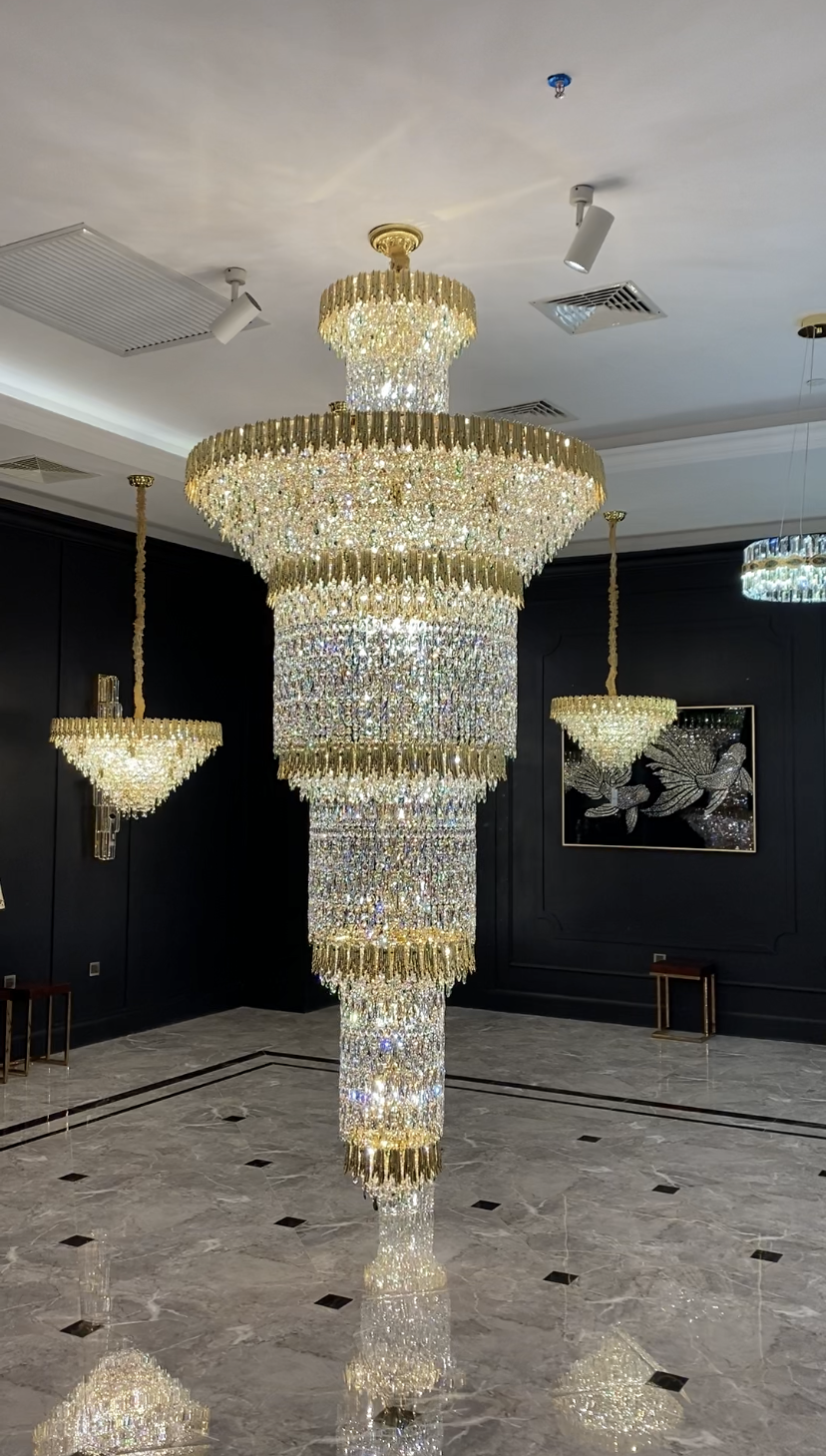 Oversized Luxury Gold Tiered Designer Crystal Chandelier for Large Hallway / foyer / entryway
