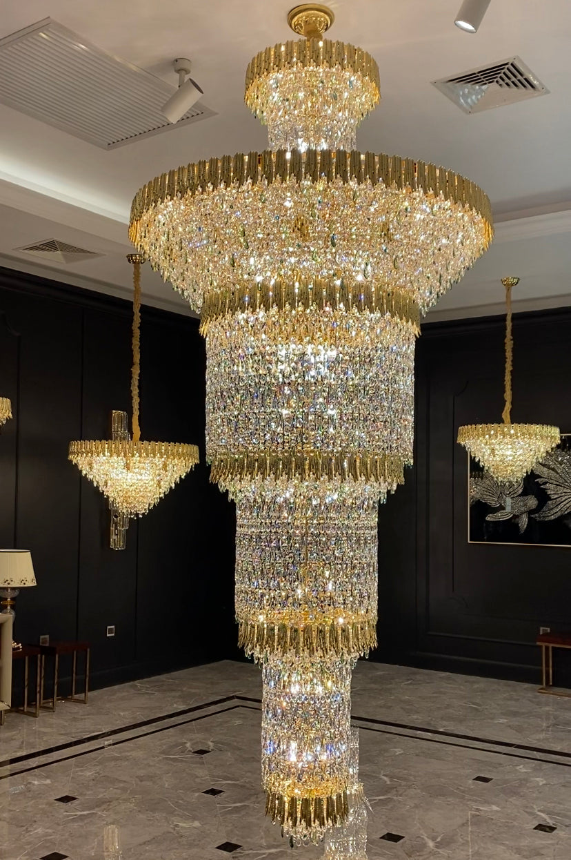 Oversized Luxury Gold Tiered Designer Crystal Chandelier for Large Hallway / foyer / entryway