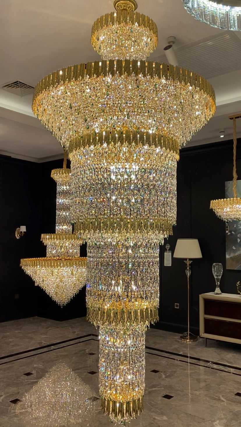 Oversized Luxury Gold Tiered Designer Crystal Chandelier for Large Hallway / foyer / entryway