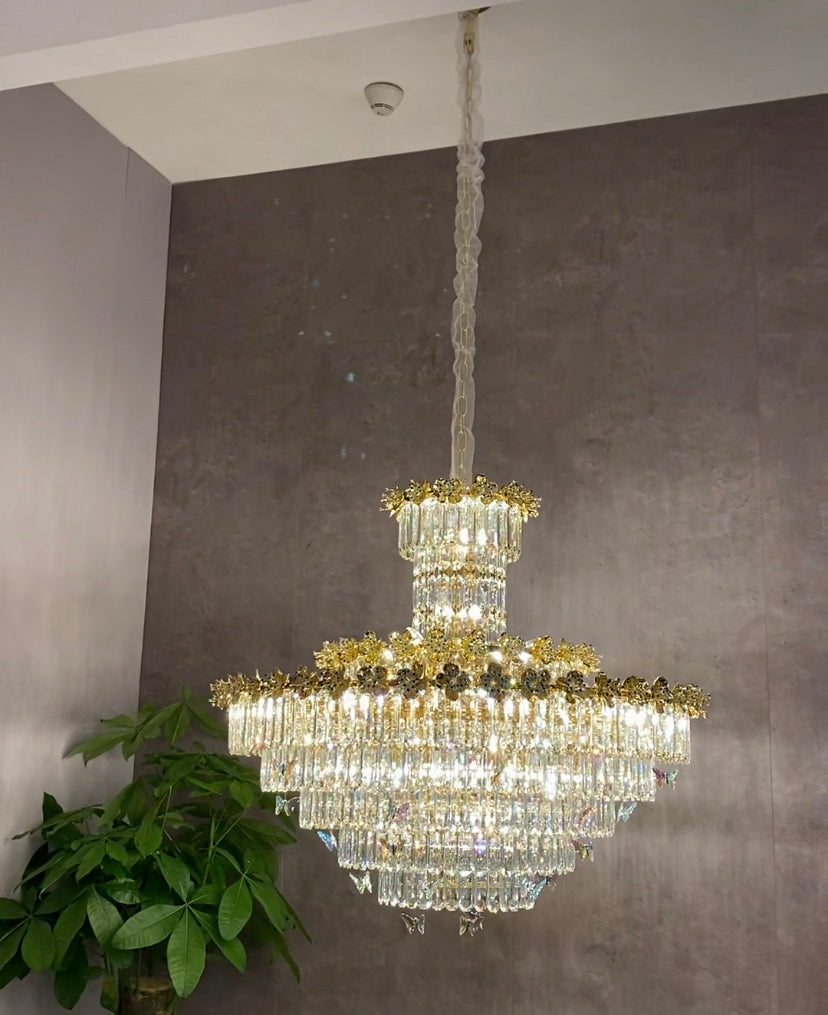 Modern Light Luxury Art Design Butterfly Multi-Tiered Round Crystal Chandelier with Golden Flowers for Living