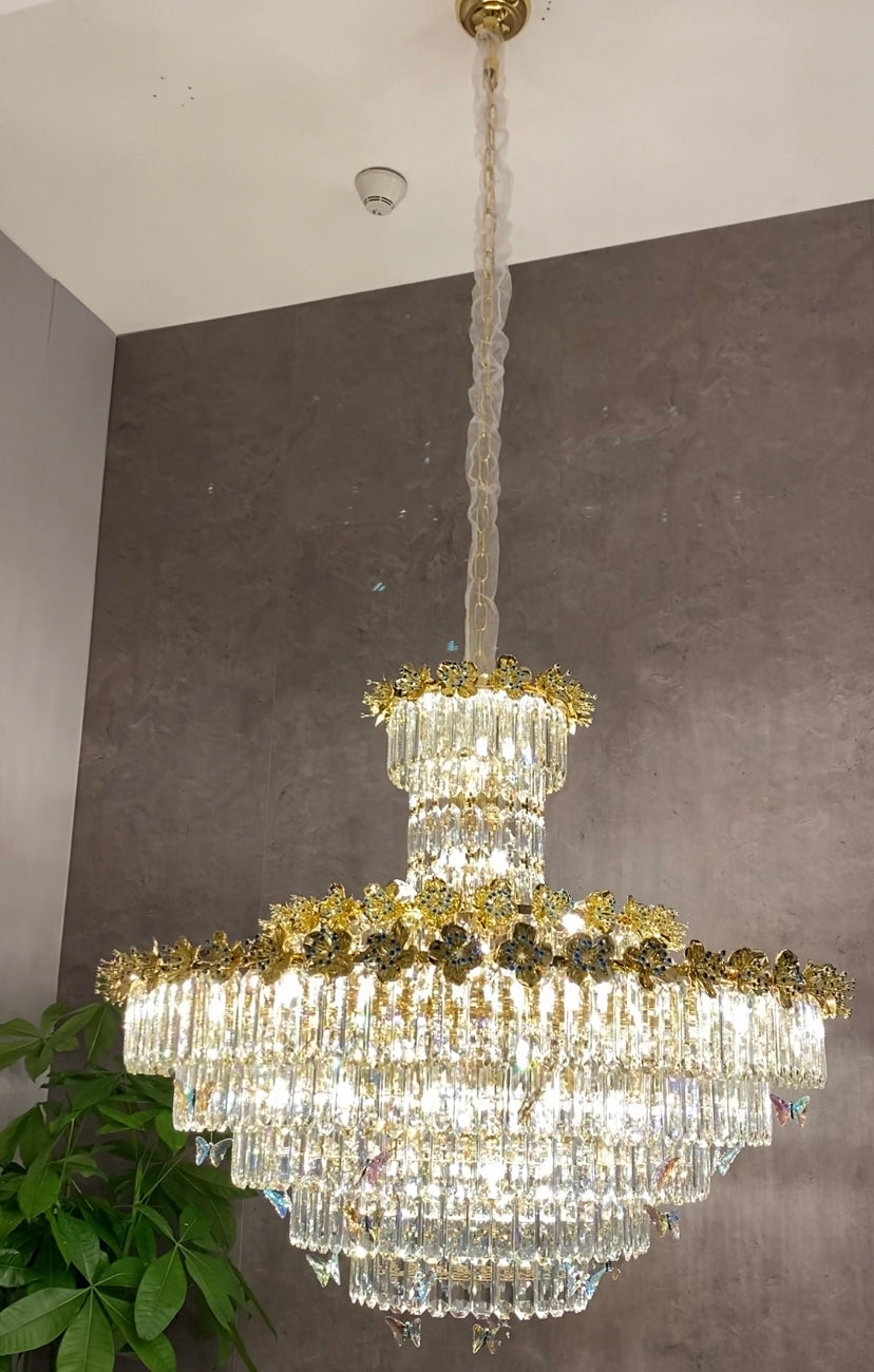 Modern Light Luxury Art Design Butterfly Multi-Tiered Round Crystal Chandelier with Golden Flowers for Living