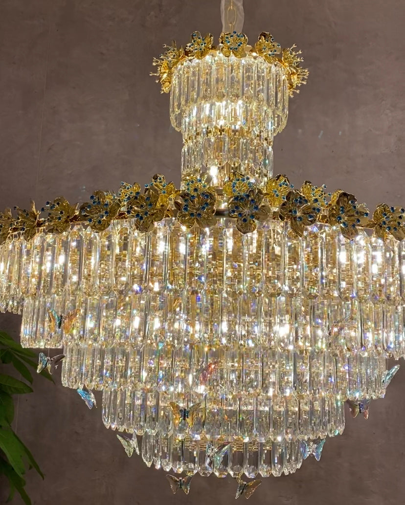 Modern Light Luxury Art Design Butterfly Multi-Tiered Round Crystal Chandelier with Golden Flowers for Living