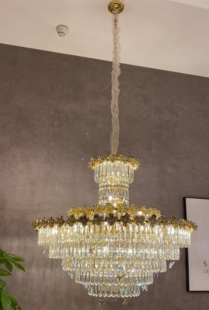 Modern Light Luxury Art Design Butterfly Multi-Tiered Round Crystal Chandelier with Golden Flowers for Living