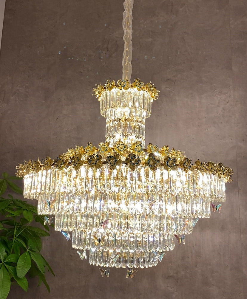 Modern Light Luxury Art Design Butterfly Multi-Tiered Round Crystal Chandelier with Golden Flowers for Living