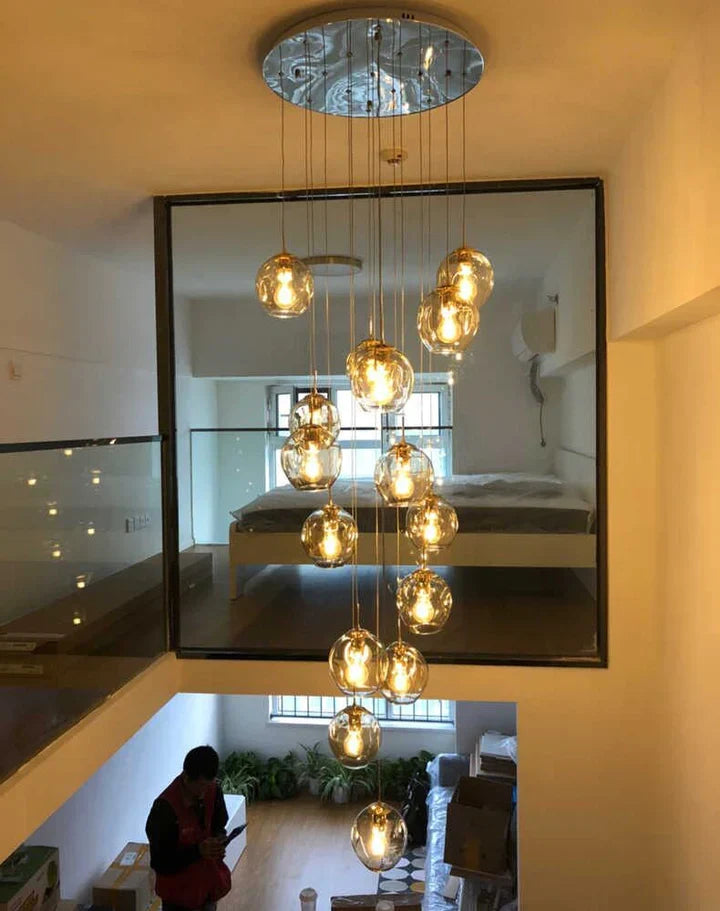 Modern Nordic Spiral Glass Chandelier with Chrome Finish – Luxury Decorative Light for Staircase and Hallway