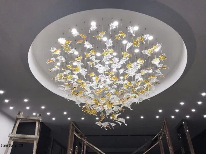 Oversized Art Design Autumn Maple Leaf Glass Chandelier for Dining Table / hallway / entryway Light