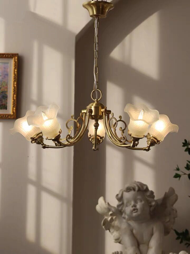 American Retro Vintage Flower Branch Glass and Copper Chandelier for Bedroom and Living Room
