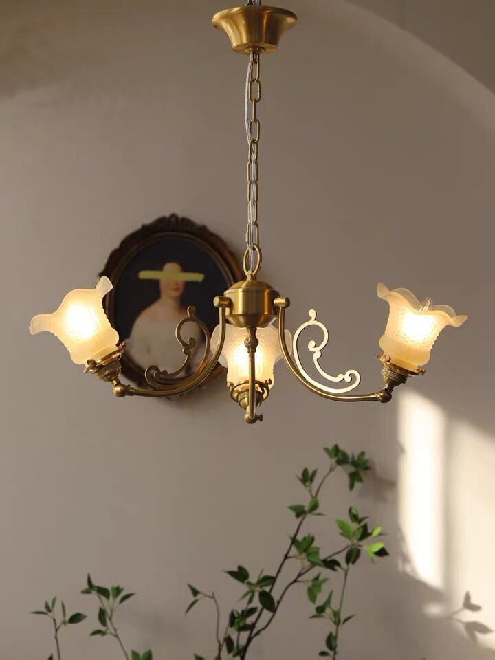 American Retro Vintage Flower Branch Glass and Copper Chandelier for Bedroom and Living Room