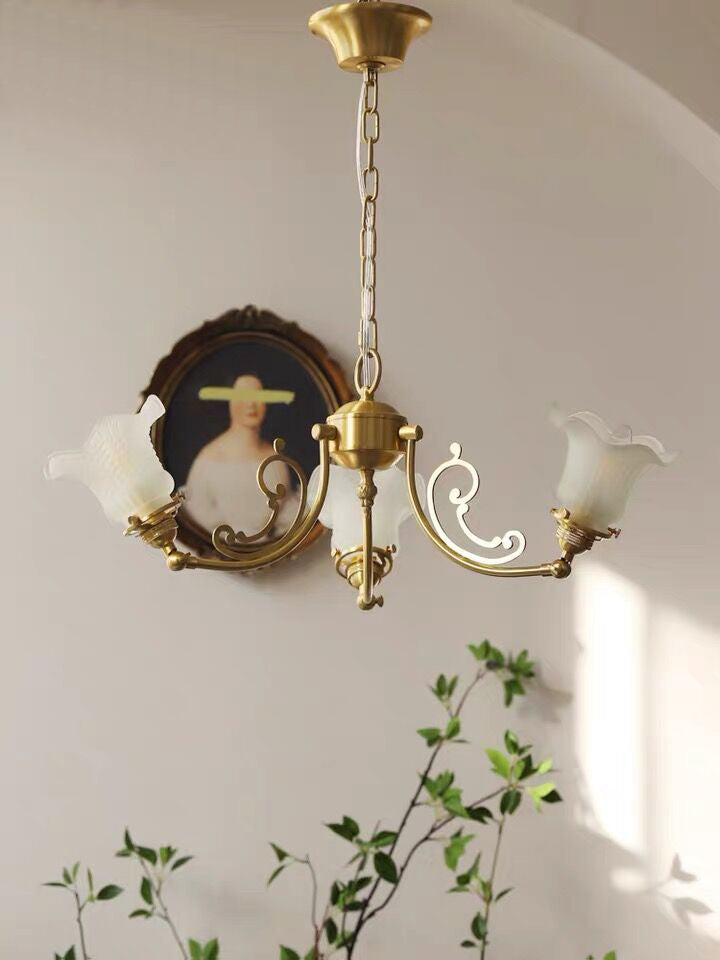 American Retro Vintage Flower Branch Glass and Copper Chandelier for Bedroom and Living Room