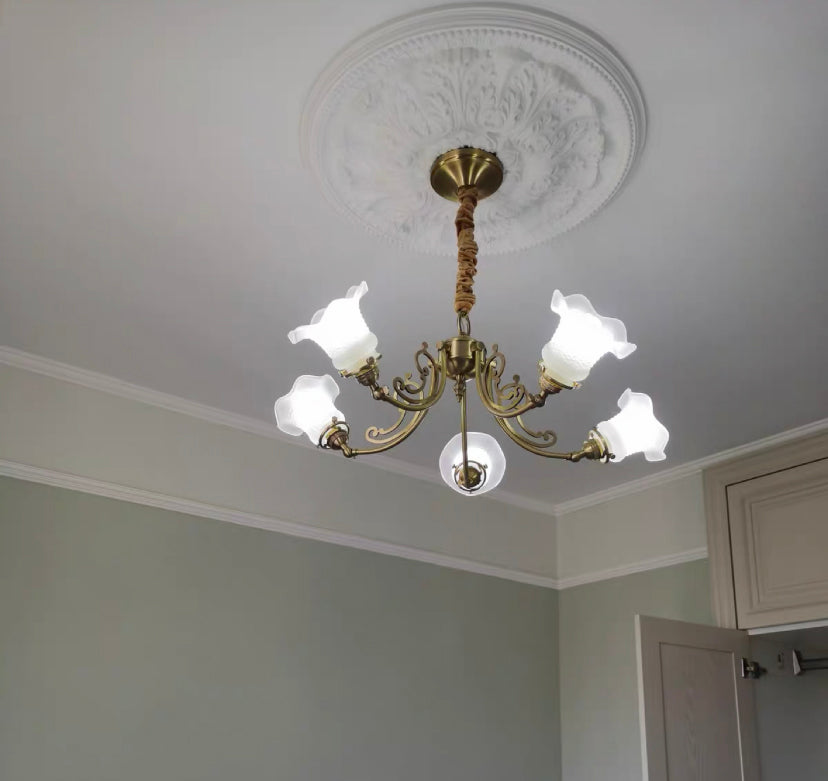 American Retro Vintage Flower Branch Glass and Copper Chandelier for Bedroom and Living Room