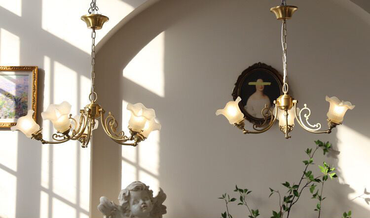 American Retro Vintage Flower Branch Glass and Copper Chandelier for Bedroom and Living Room