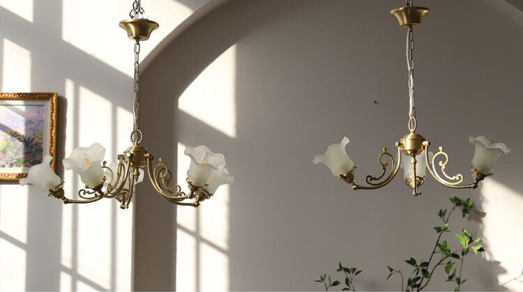 American Retro Vintage Flower Branch Glass and Copper Chandelier for Bedroom and Living Room
