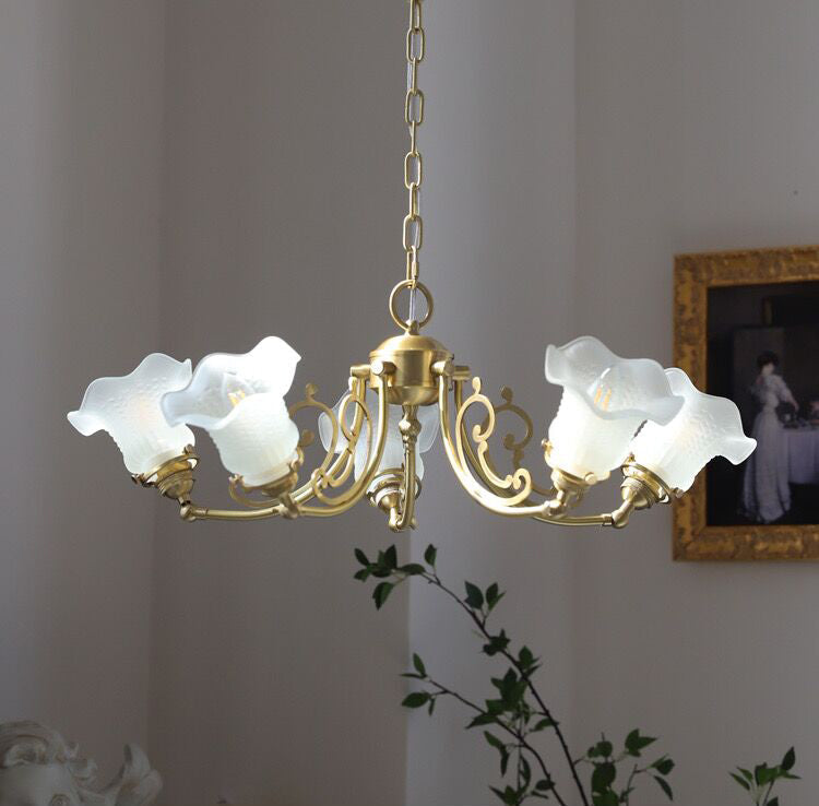 American Retro Vintage Flower Branch Glass and Copper Chandelier for Bedroom and Living Room