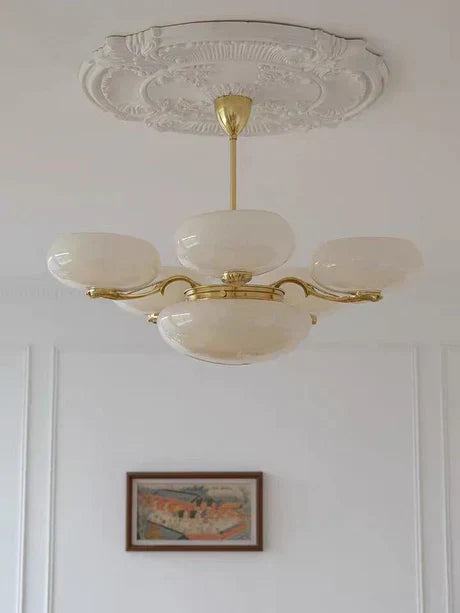 Mid-Century Scandinavian American Vintage White Opal Brass Chandelier for Living Room / bedroom